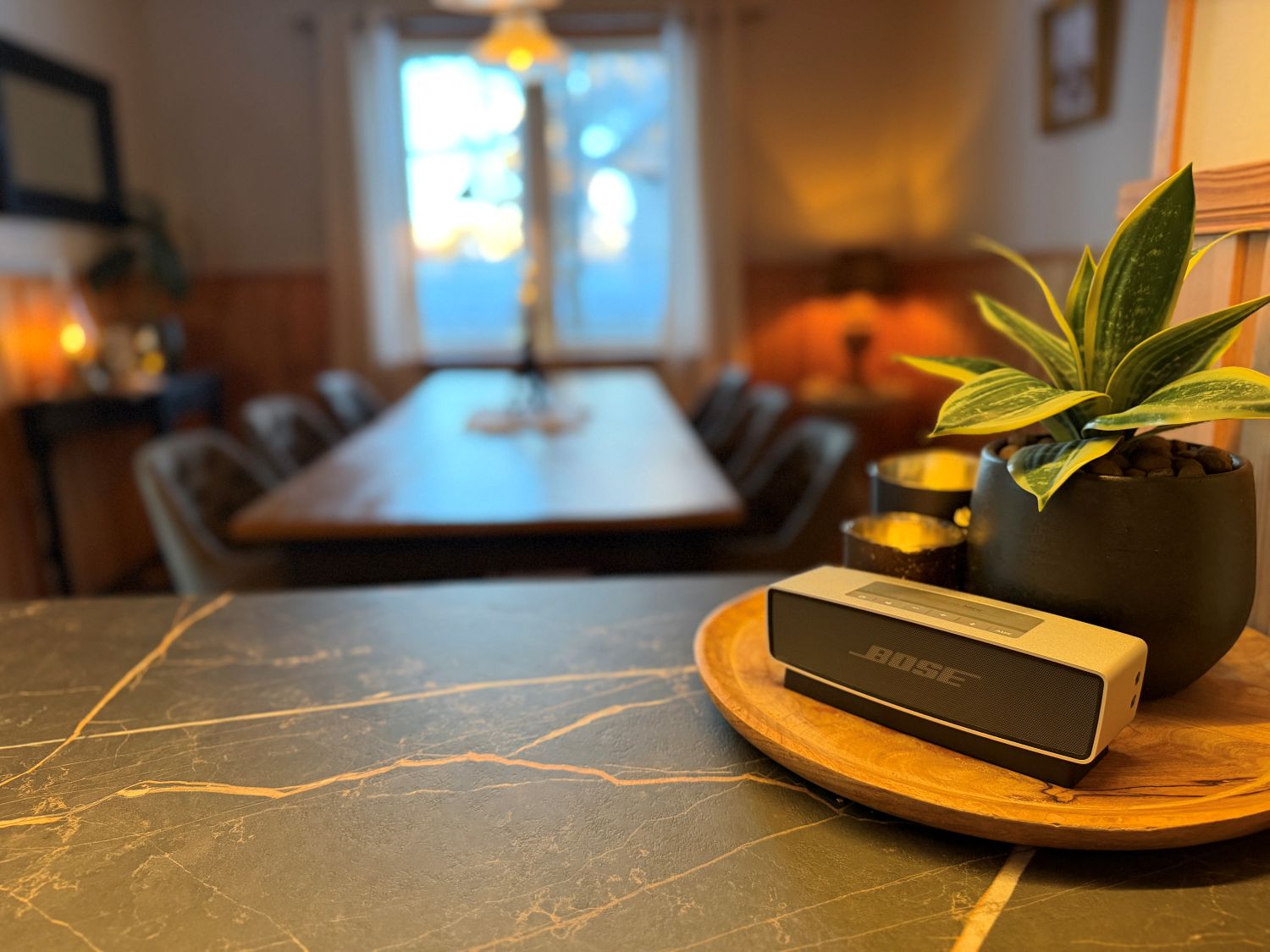 Warm and cosy interior of Lappvall Lodge with soft lighting and natural materials